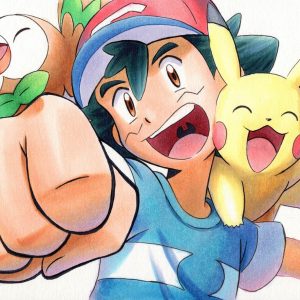 Ash, Pikachu y Rowlet, Alegría de Aventura