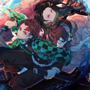 Tanjiro y Nezuko: Olas al Atardecer