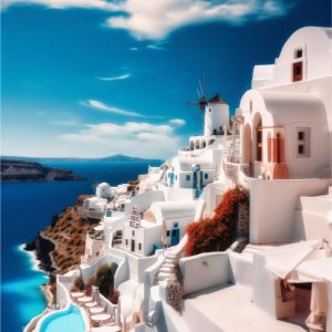 Santorini sobre el mar azul